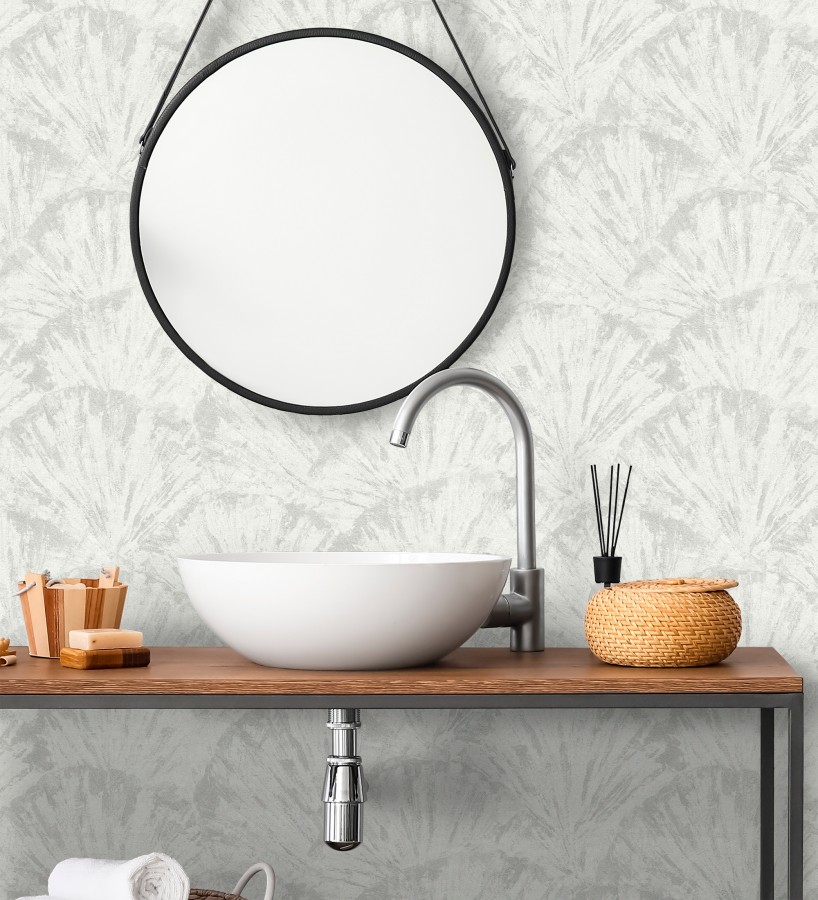 Papel pintado abanicos al óleo texturizado tonos blanco y gris  Bellagio Gilded 684886