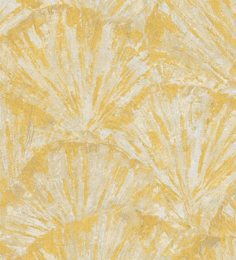 Papel pintado abanicos al óleo texturizado tonos amarillo mostaza  Bellagio Gilded 684887