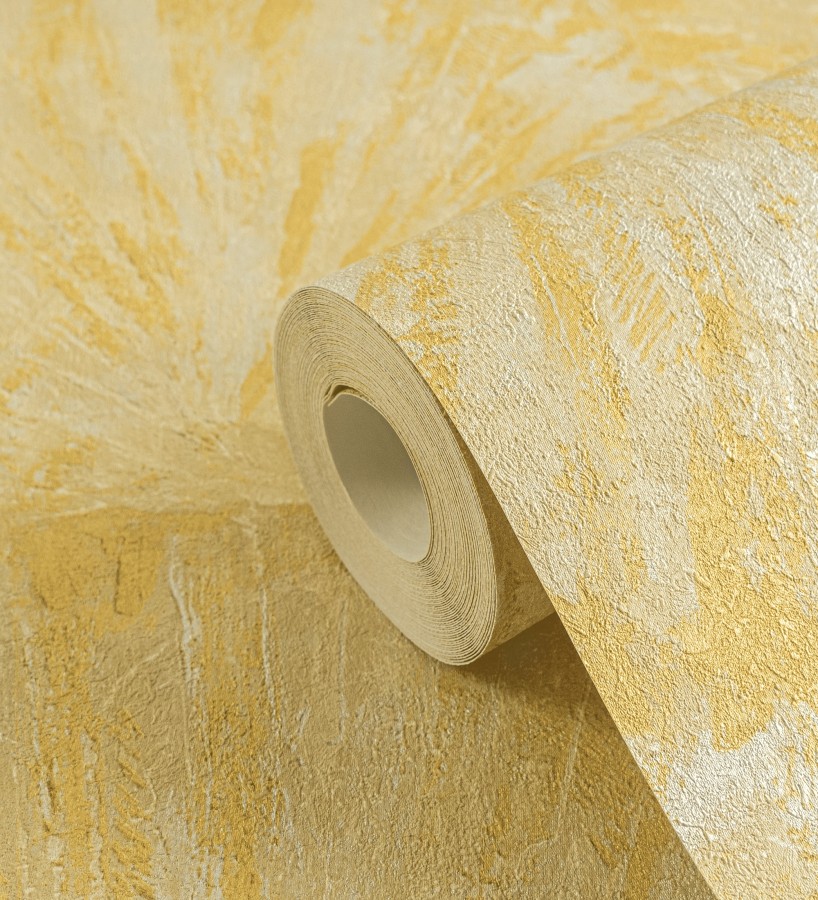 Papel pintado abanicos al óleo texturizado tonos amarillo mostaza  Bellagio Gilded 684887