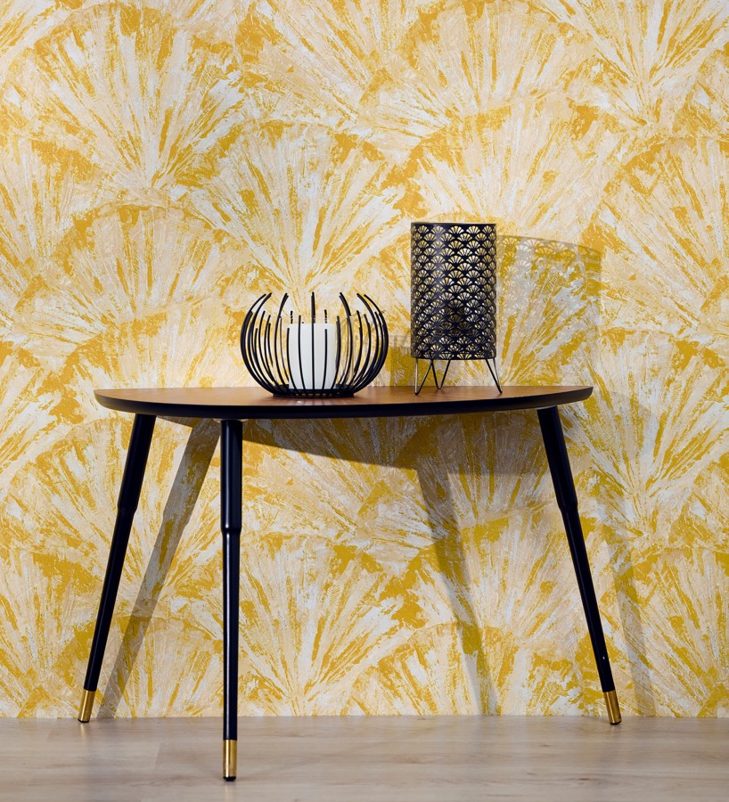 Papel pintado abanicos al óleo texturizado tonos amarillo mostaza  Bellagio Gilded 684887