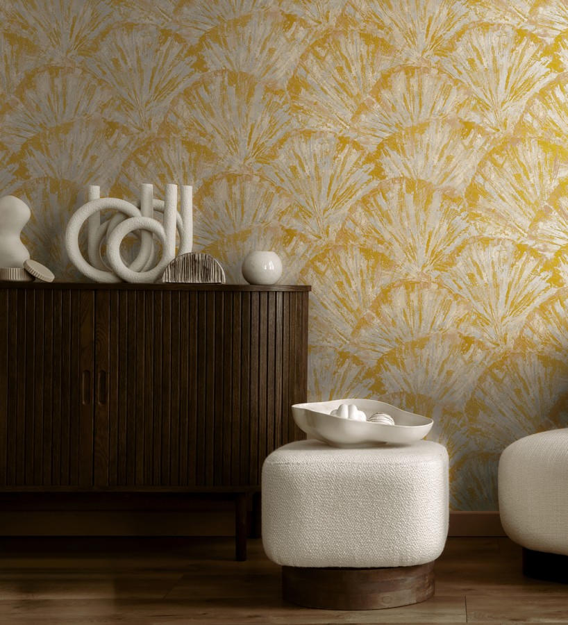 Papel pintado abanicos al óleo texturizado tonos amarillo mostaza  Bellagio Gilded 684887