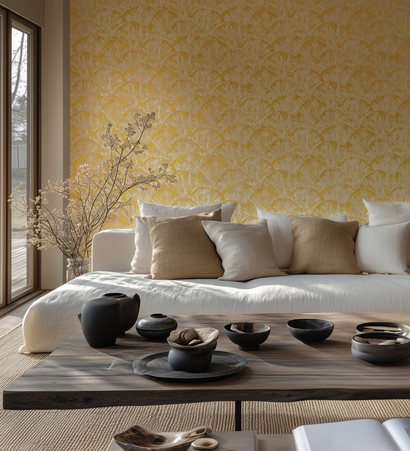 Papel pintado abanicos al óleo texturizado tonos amarillo mostaza  Bellagio Gilded 684887