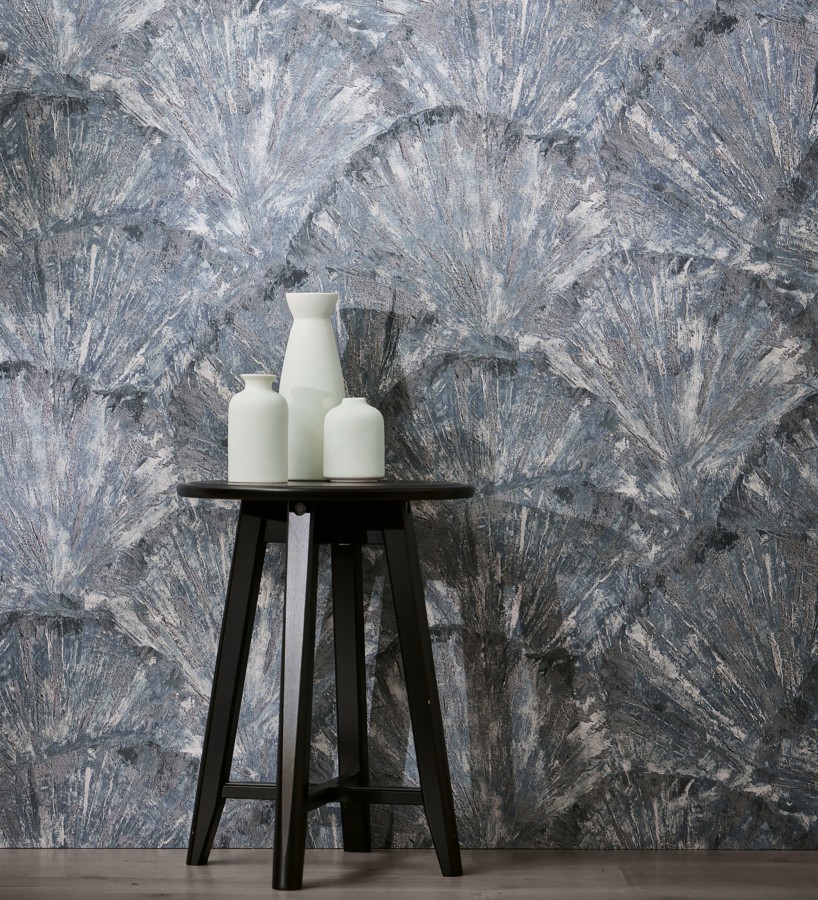 Papel pintado abanicos al óleo texturizado tonos azul oscuro  Bellagio Gilded 684888