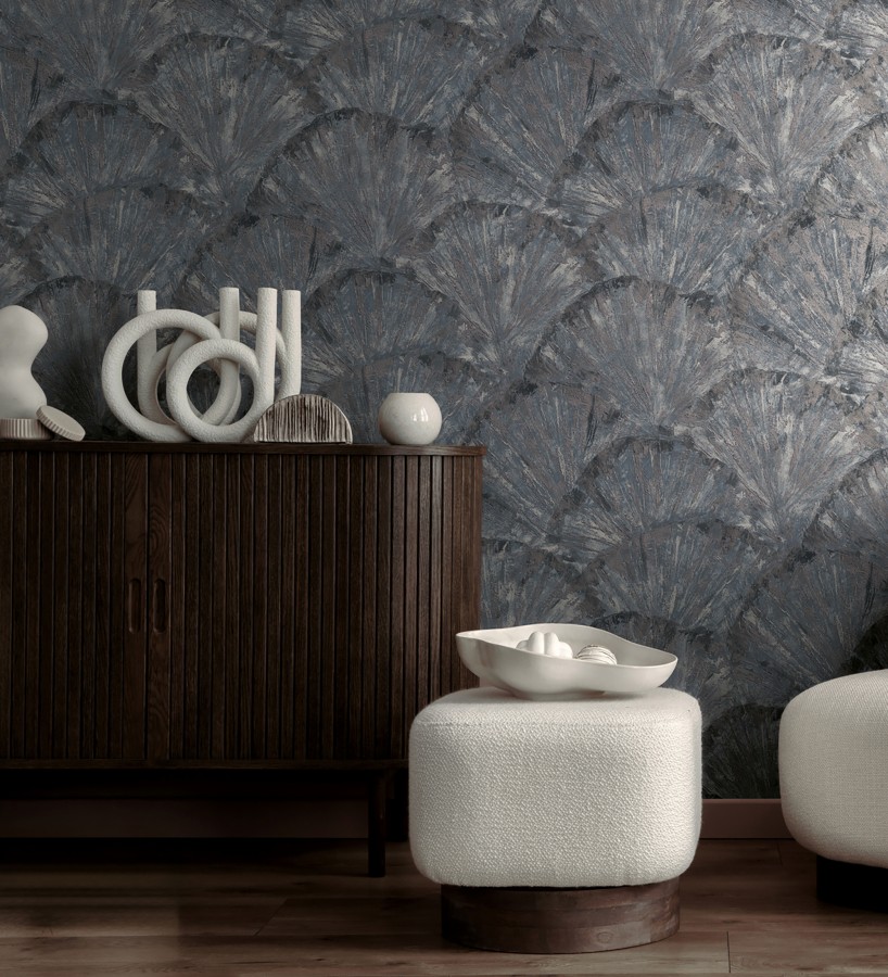 Papel pintado abanicos al óleo texturizado tonos azul oscuro  Bellagio Gilded 684888