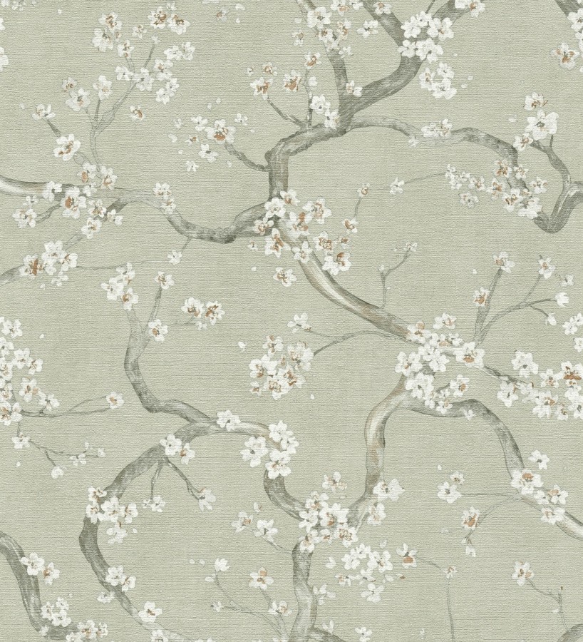 Papel pintado flores blancas fondo texturizado tonos verde celadón  Katsura Elegant 684889
