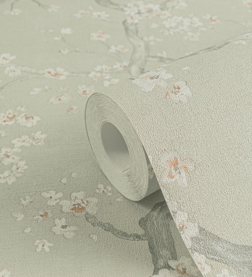 Papel pintado flores blancas fondo texturizado tonos verde celadón  Katsura Elegant 684889