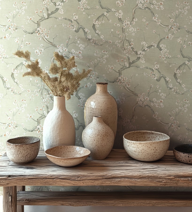 Papel pintado flores blancas fondo texturizado tonos verde celadón  Katsura Elegant 684889