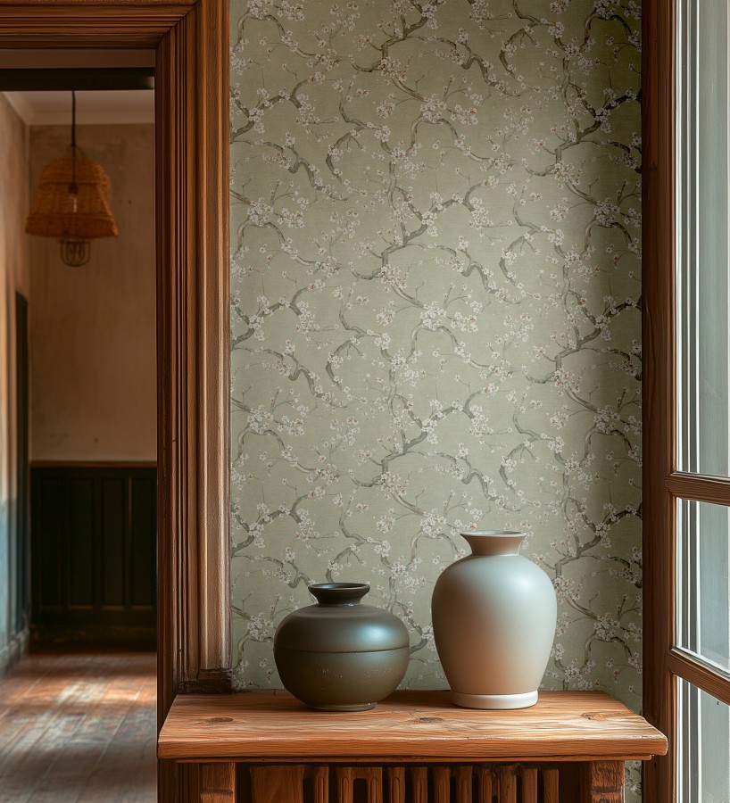 Papel pintado flores blancas fondo texturizado tonos verde celadón  Katsura Elegant 684889