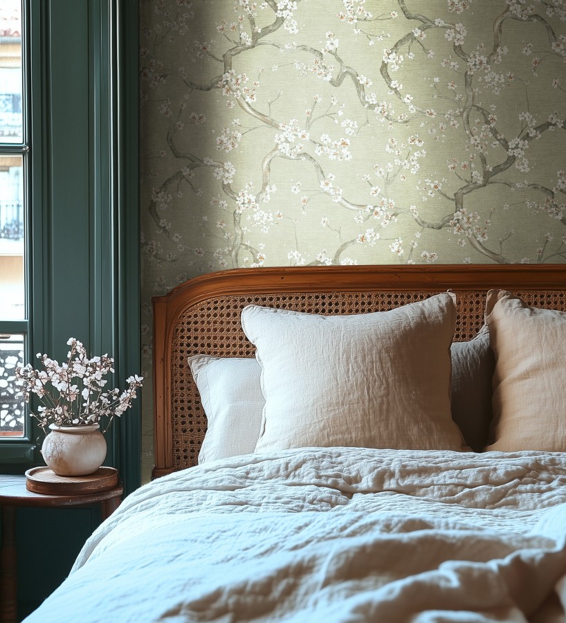 Papel pintado flores blancas fondo texturizado tonos verde celadón  Katsura Elegant 684889