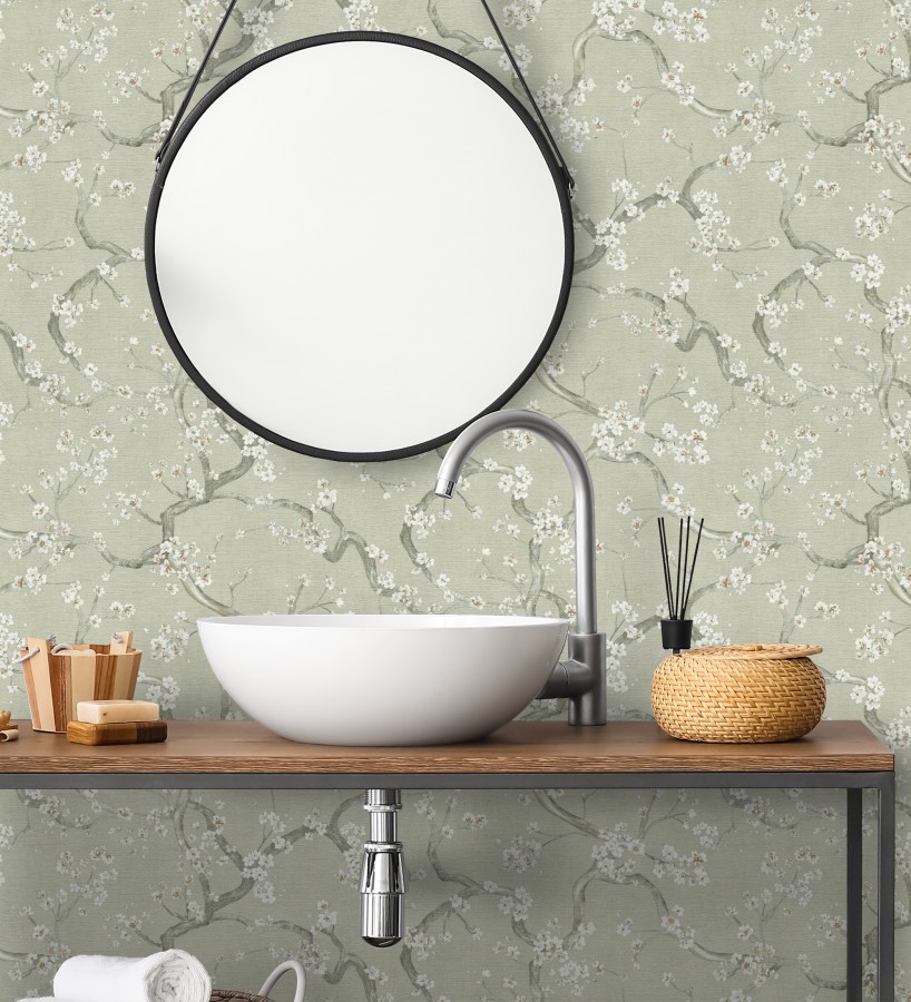 Papel pintado flores blancas fondo texturizado tonos verde celadón  Katsura Elegant 684889