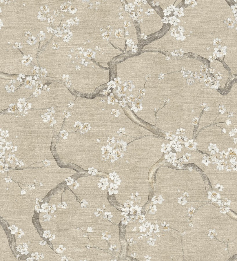 Papel pintado flores blancas fondo texturizado tonos beige tostado  Katsura Elegant 684890