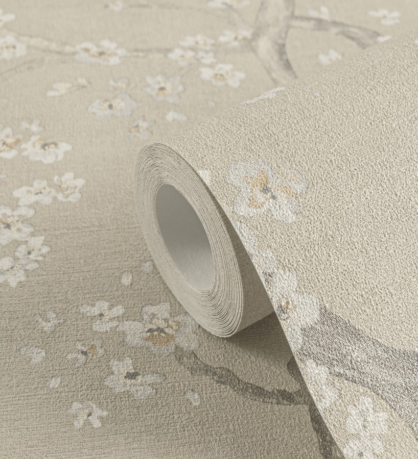 Papel pintado flores blancas fondo texturizado tonos beige tostado  Katsura Elegant 684890