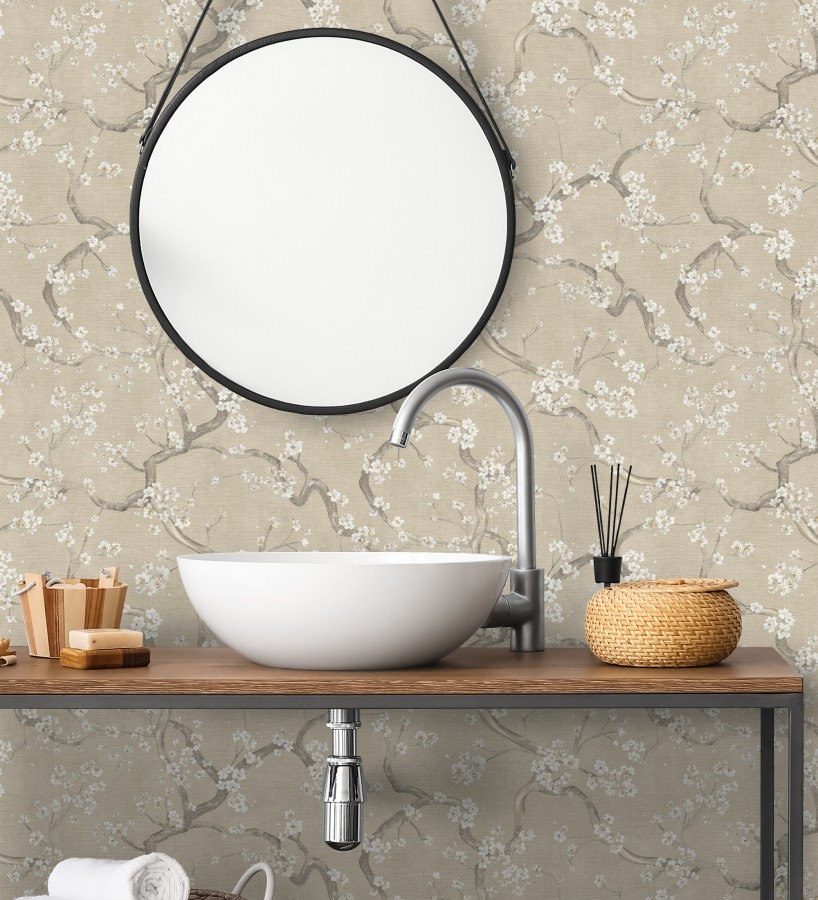 Papel pintado flores blancas fondo texturizado tonos beige tostado  Katsura Elegant 684890