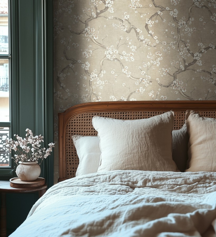 Papel pintado flores blancas fondo texturizado tonos beige tostado  Katsura Elegant 684890