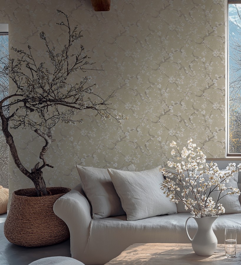 Papel pintado flores blancas fondo texturizado tonos beige tostado  Katsura Elegant 684890
