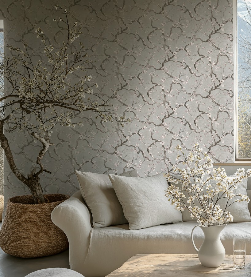 Papel pintado flores blancas fondo texturizado tonos grises  Katsura Elegant 684891