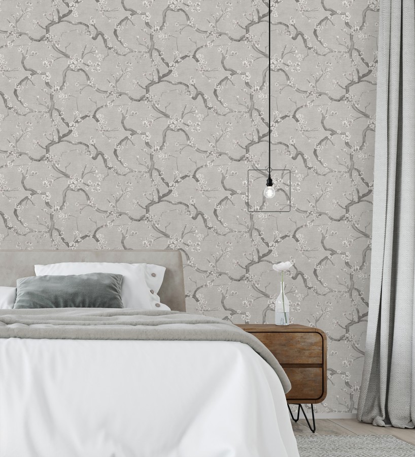 Papel pintado flores blancas fondo texturizado tonos grises  Katsura Elegant 684891