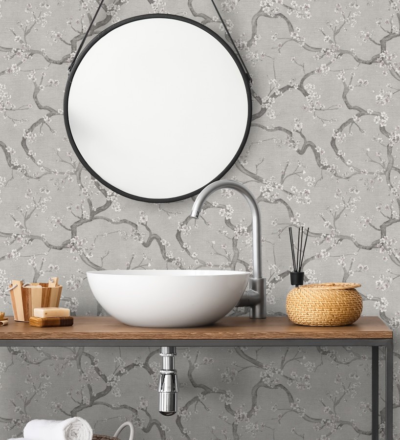 Papel pintado flores blancas fondo texturizado tonos grises  Katsura Elegant 684891