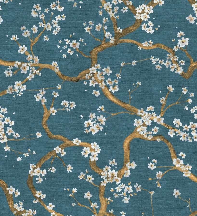 Papel pintado flores blancas fondo texturizado tonos azul turquesa  Katsura Elegant 684892