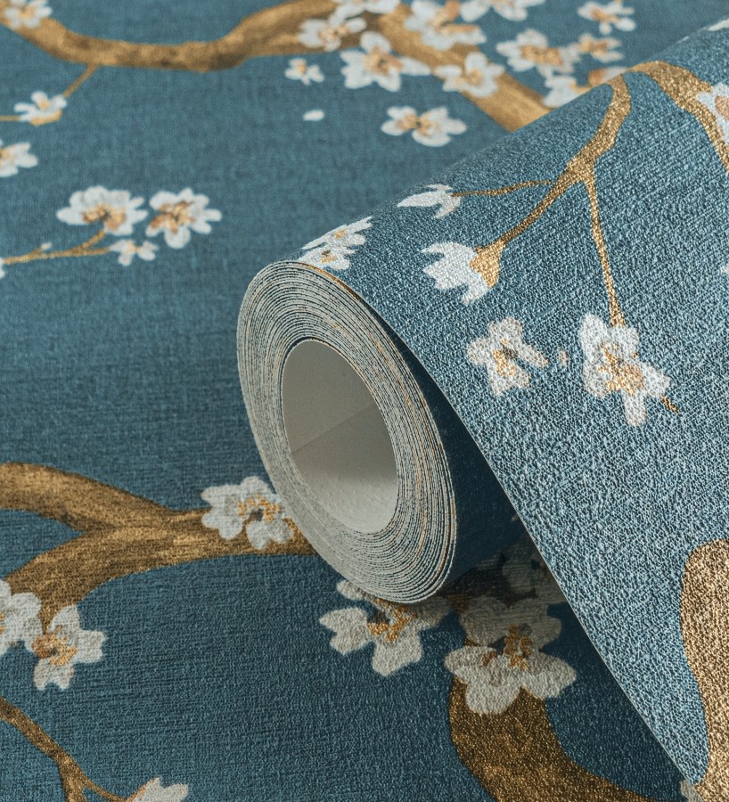Papel pintado flores blancas fondo texturizado tonos azul turquesa  Katsura Elegant 684892