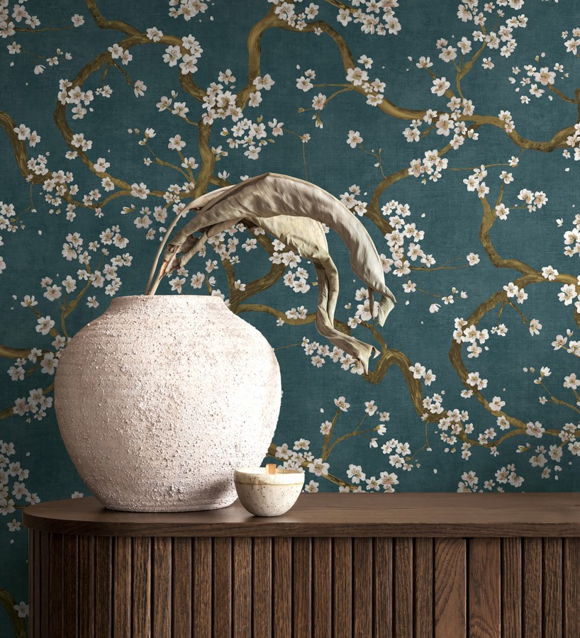 Papel pintado flores blancas fondo texturizado tonos azul turquesa  Katsura Elegant 684892