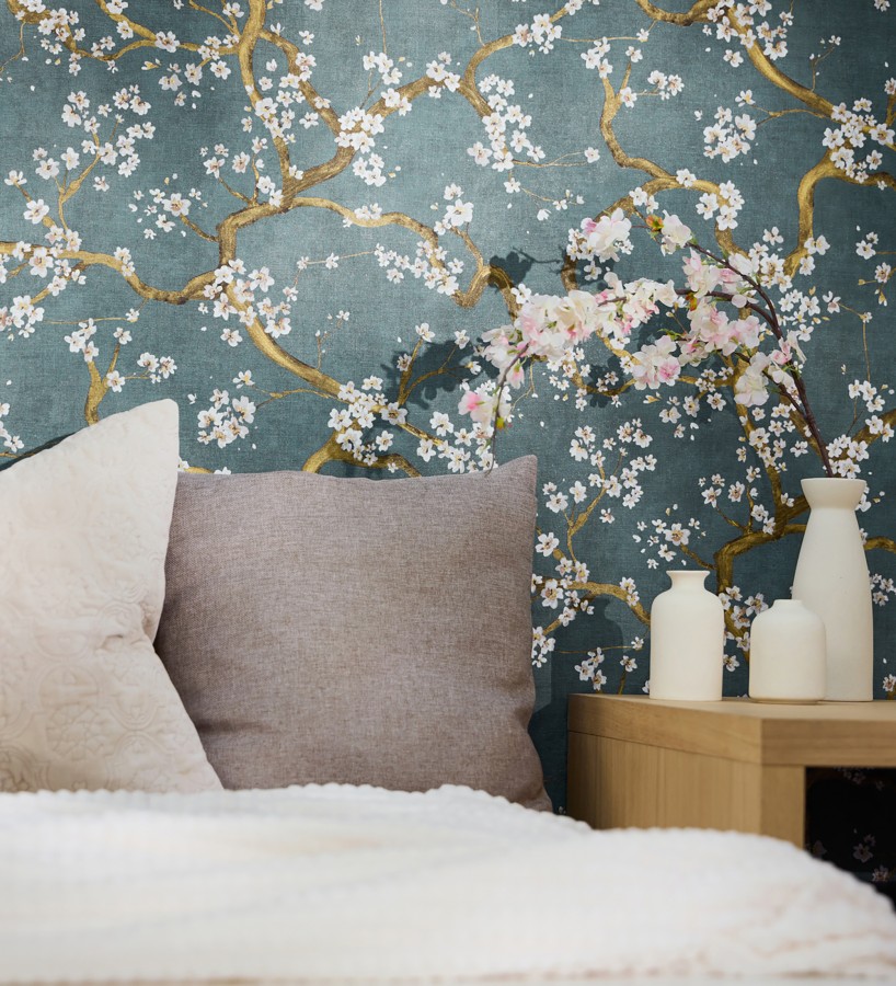 Papel pintado flores blancas fondo texturizado tonos azul turquesa  Katsura Elegant 684892