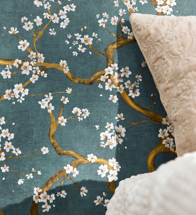 Papel pintado flores blancas fondo texturizado tonos azul turquesa  Katsura Elegant 684892