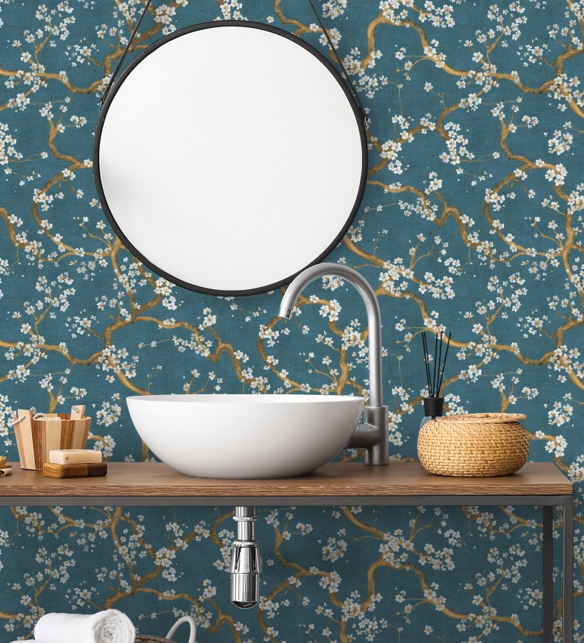 Papel pintado flores blancas fondo texturizado tonos azul turquesa  Katsura Elegant 684892