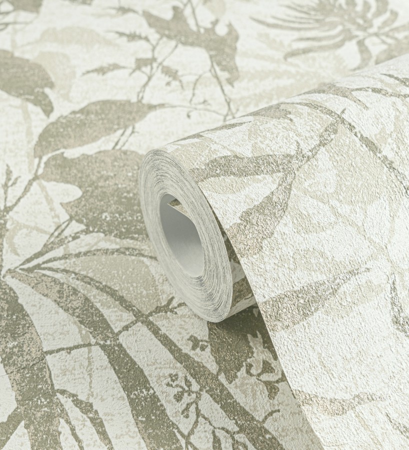 Papel pintado selva vintage de hojas verdes fondo blanco roto  Hibiscus Radiant 684894