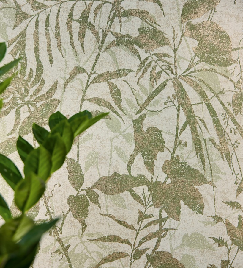 Papel pintado selva vintage de hojas verdes fondo blanco roto  Hibiscus Radiant 684894