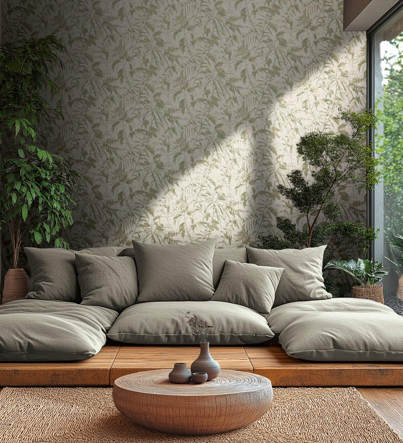 Papel pintado selva vintage de hojas verdes fondo blanco roto  Hibiscus Radiant 684894