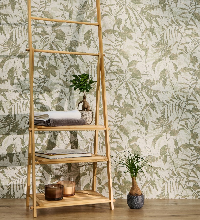 Papel pintado selva vintage de hojas verdes fondo blanco roto  Hibiscus Radiant 684894