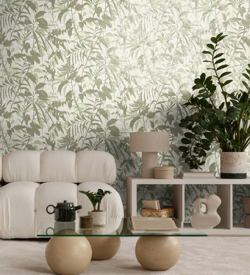 Papel pintado selva vintage de hojas verdes fondo blanco roto  Hibiscus Radiant 684894
