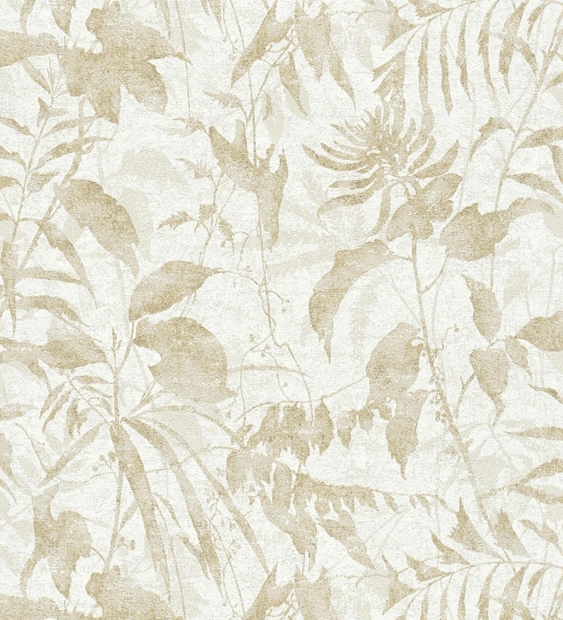Papel pintado selva vintage de hojas beige fondo blanco roto  Hibiscus Radiant 684895