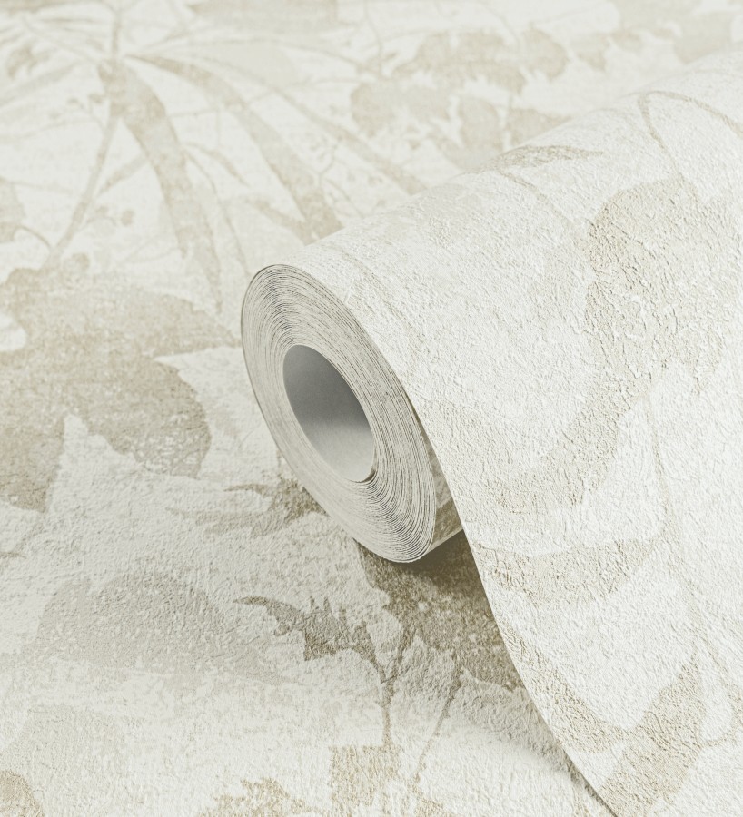 Papel pintado selva vintage de hojas beige fondo blanco roto  Hibiscus Radiant 684895