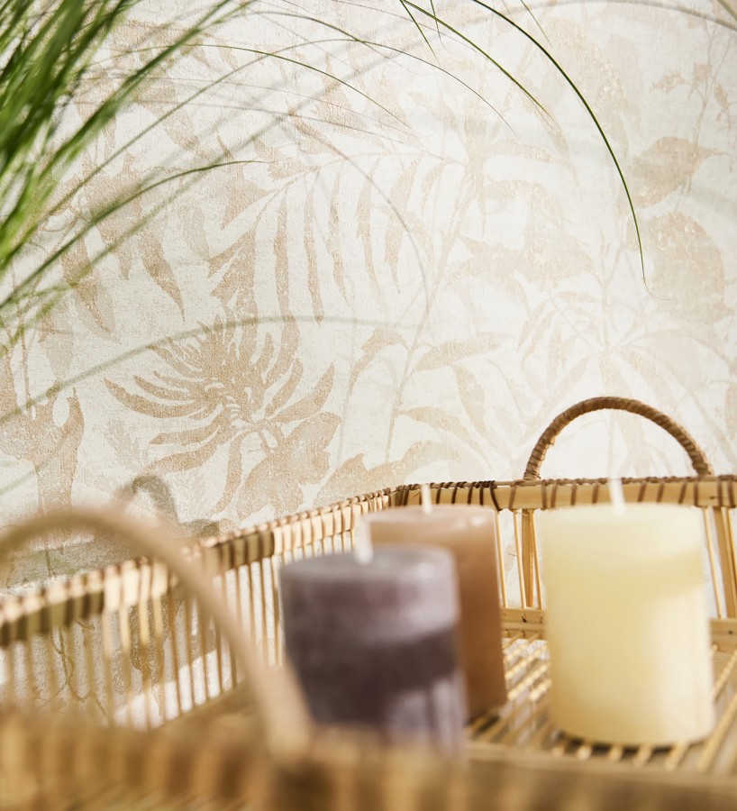 Papel pintado selva vintage de hojas beige fondo blanco roto  Hibiscus Radiant 684895
