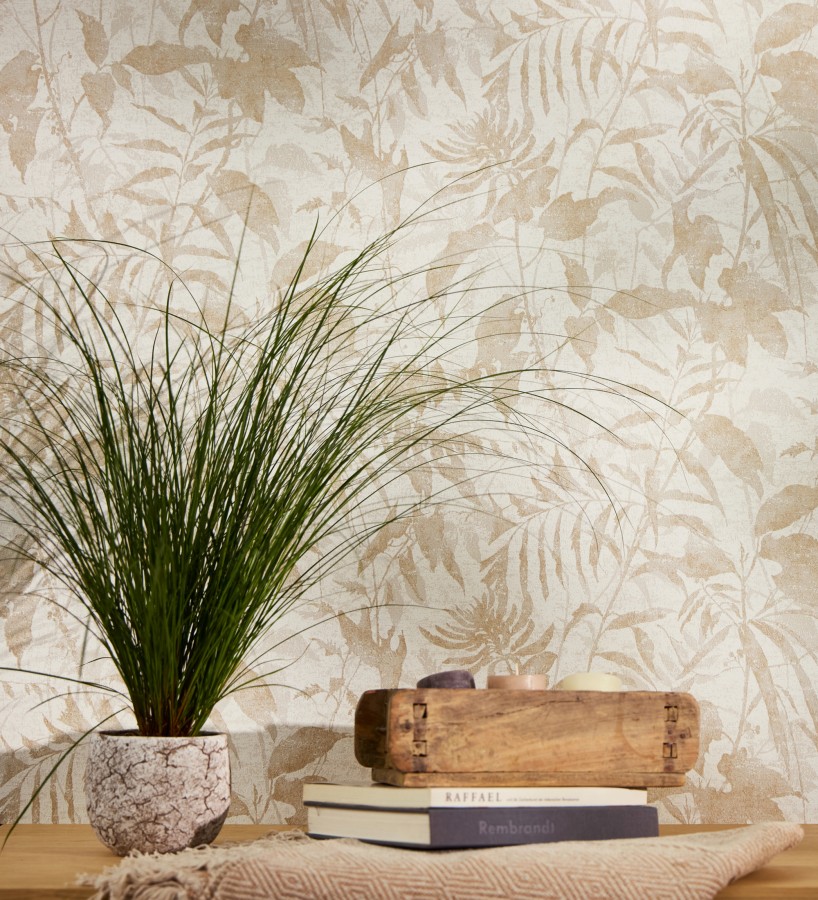 Papel pintado selva vintage de hojas beige fondo blanco roto  Hibiscus Radiant 684895