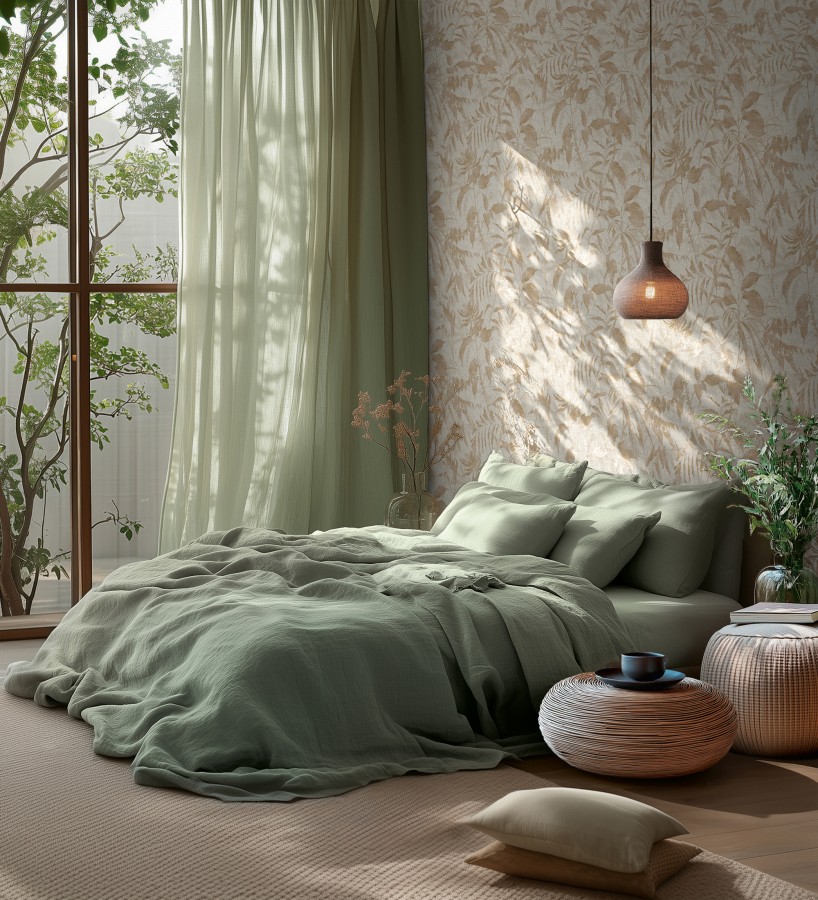 Papel pintado selva vintage de hojas beige fondo blanco roto  Hibiscus Radiant 684895