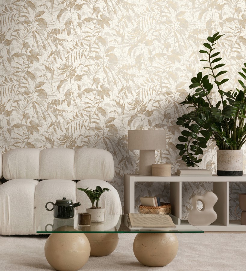 Papel pintado selva vintage de hojas beige fondo blanco roto  Hibiscus Radiant 684895