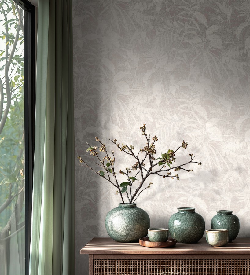 Papel pintado selva vintage de hojas blancas fondo gris claro  Hibiscus Radiant 684896