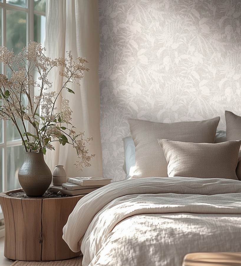 Papel pintado selva vintage de hojas blancas fondo gris claro  Hibiscus Radiant 684896