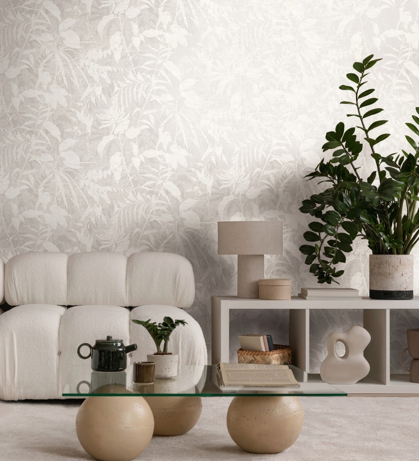 Papel pintado selva vintage de hojas blancas fondo gris claro  Hibiscus Radiant 684896