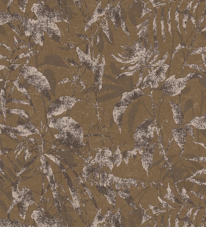Papel pintado selva vintage de hojas cobre fondo marrón pardo  Hibiscus Radiant 684897