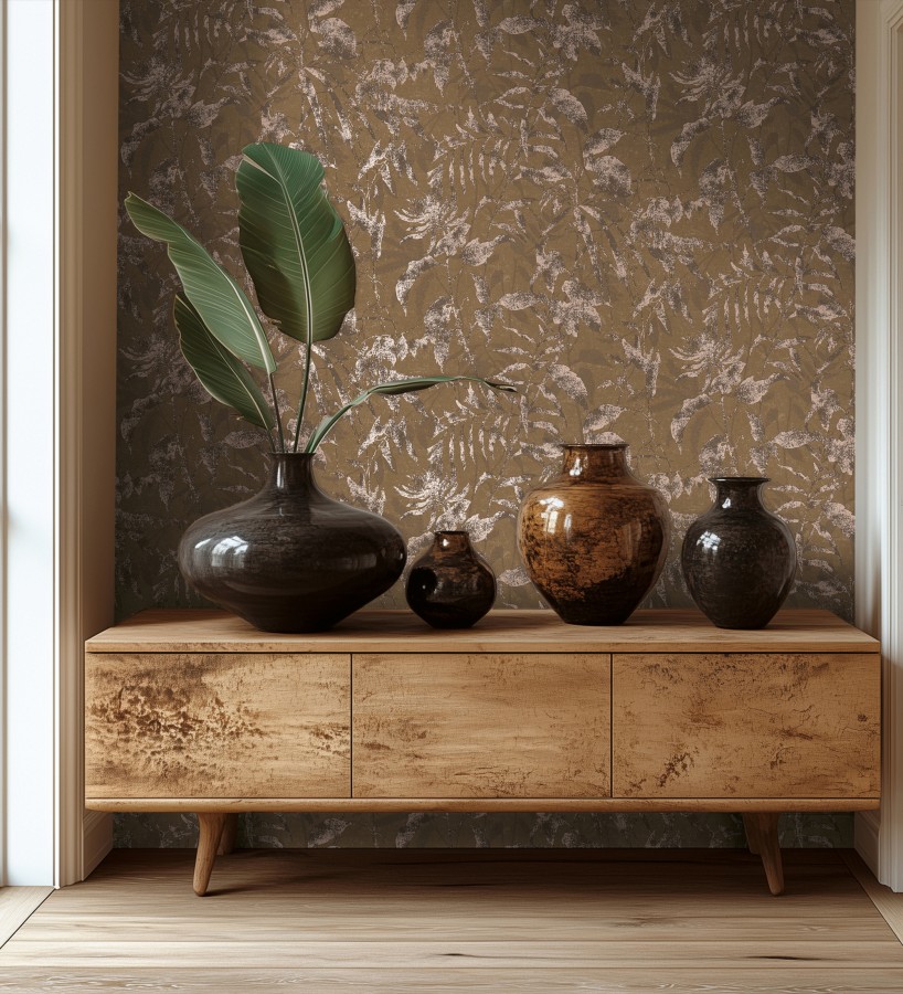 Papel pintado selva vintage de hojas cobre fondo marrón pardo  Hibiscus Radiant 684897