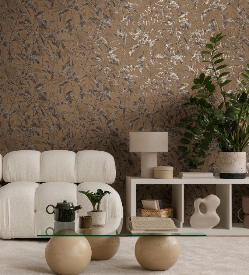 Papel pintado selva vintage de hojas cobre fondo marrón pardo  Hibiscus Radiant 684897