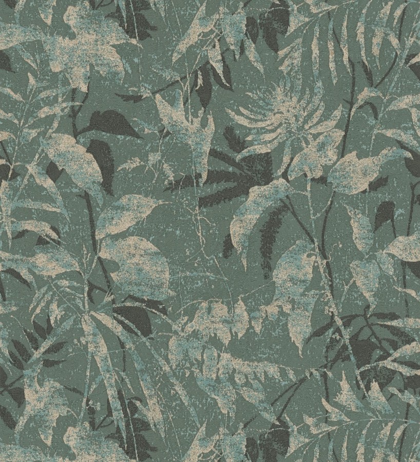Papel pintado selva vintage de hojas oro fondo verde oscuro  Hibiscus Radiant 684898
