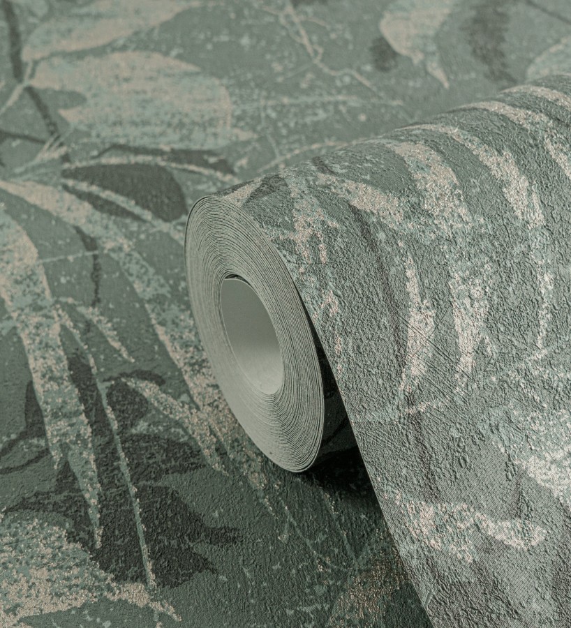 Papel pintado selva vintage de hojas oro fondo verde oscuro  Hibiscus Radiant 684898