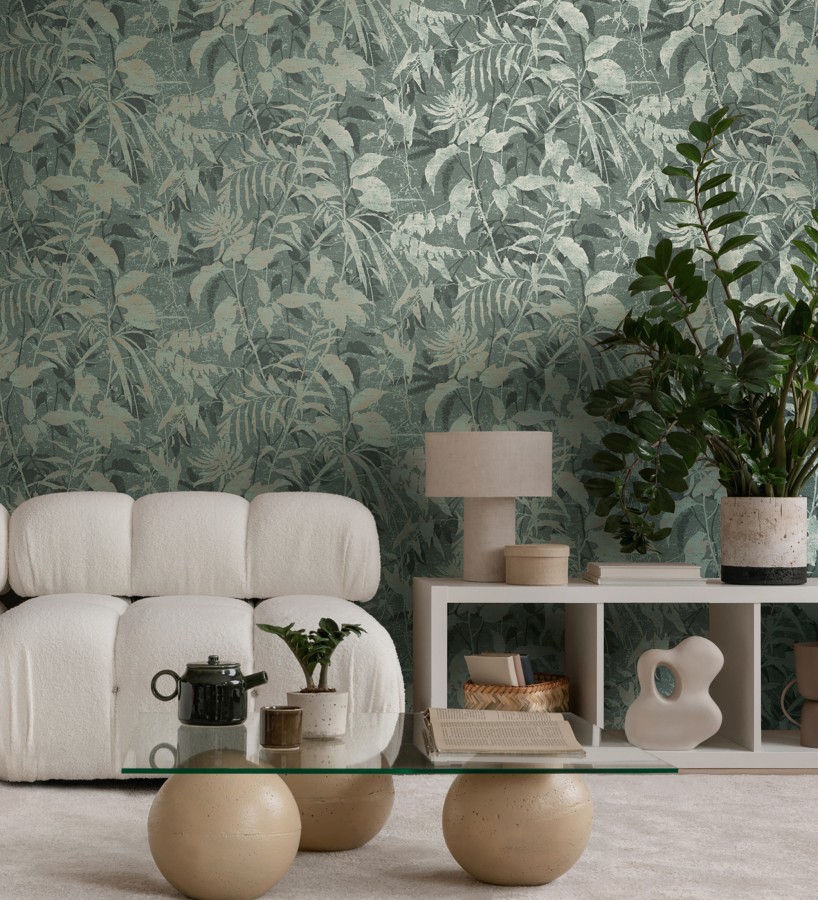Papel pintado selva vintage de hojas oro fondo verde oscuro  Hibiscus Radiant 684898