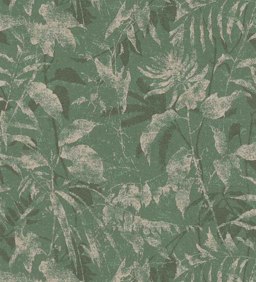 Papel pintado selva vintage de hojas oro viejo fondo verde esmeralda  Hibiscus Radiant 684899