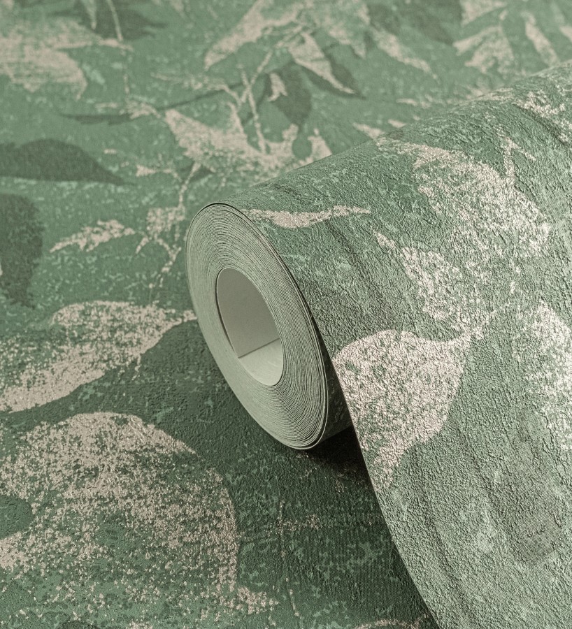 Papel pintado selva vintage de hojas oro viejo fondo verde esmeralda  Hibiscus Radiant 684899